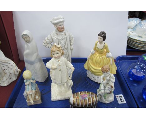 Figurines - two Royal Worcester, two Doulton, Spanish. XIX Continental Henry 8th  and De La Reine oval trinket box:- One Tray
