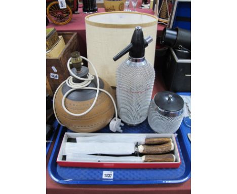 Vintage 'Parlane' Soda Siphon and Matching Ice Bucket, Jersey, pottery lamp, horn handled Sheffield made three piece carving 