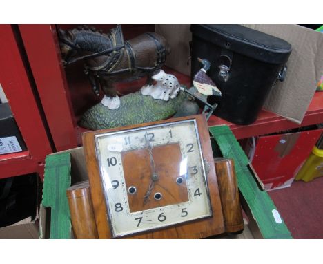 A Walnut Cased Art Deco Westminster Chimes Mantle Clock, Shire horse door stop, bell, Chinon binoculars.