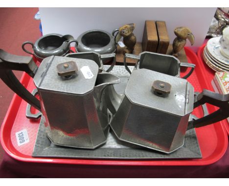 Sheffield Pewter Four Piece Hammered Pewter Tea Service and Tray, similar sugar and cream, pair of oak bird model bookends.