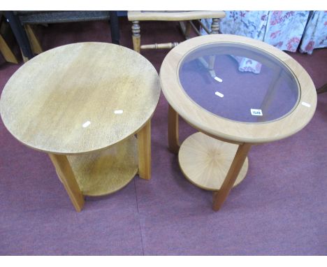 Light Oak Coffee Table, with circular top and under shelf, 52cm diameter, taller teak example with glass top. (2)