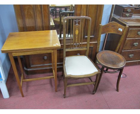 A Mahogany Fold Over Card Table, Edwardian inlaid mahogany single chair, Bentwood chair. (3).