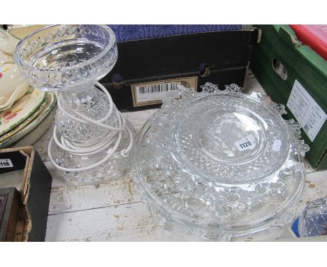 A Cut Glass Lamp Base, glass panel etched with a galleon, and other dishes. (6)