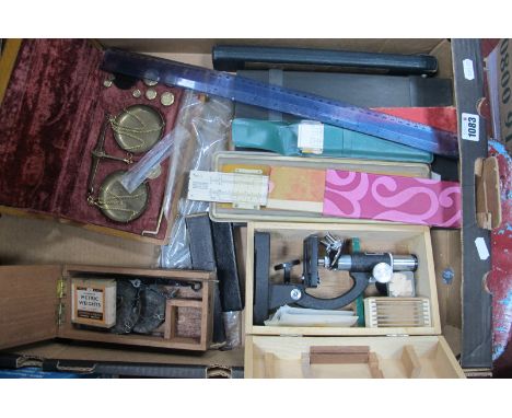 A Solus Students Microscope, letter scales, slide rules, Joseph Elliott razor, strop, etc One Box.
