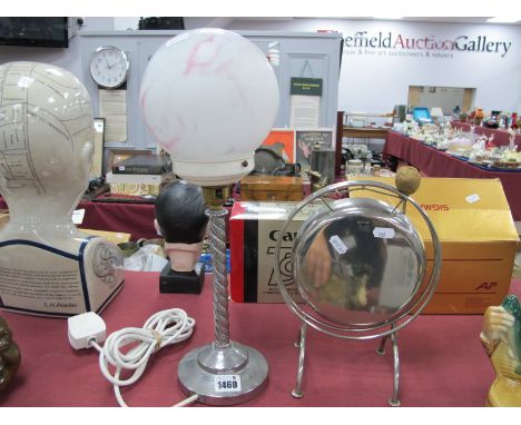 A Mid XX Century Art Deco Table Lamp, with chrome barley twist stem and pink marbled effect shade and an Art Deco style plati