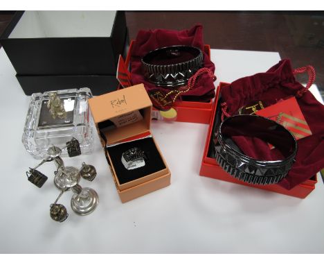 Waterford Rebel Gunmetal Bangle Bracelet Coated Crystal Glass, with box x 2, plus matching ring, glass trinket box with silve