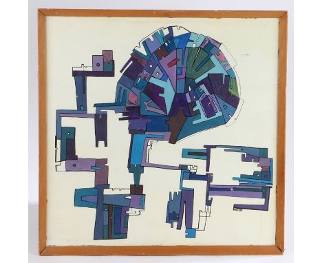 MHH, 20th Century abstract study in purples and blues, oil on board initialled lower right, housed in a glazed light oak fram