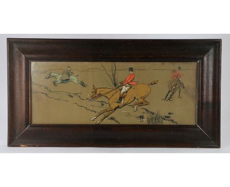Dorothy Hardy hunting print depicting two horses and riders leaping a stream with a further horse refusing the jump, 69cm x 2