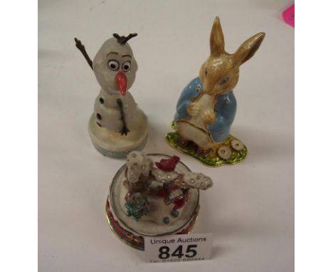 Olaf from Frozen trinket pot, Peter Rabbit pot (includes necklace inside) and a musical Christmas item which plays Frosty the