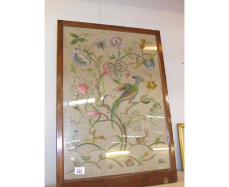 A mahogany framed tapestry of birds and flowers 53cm x 74cm 