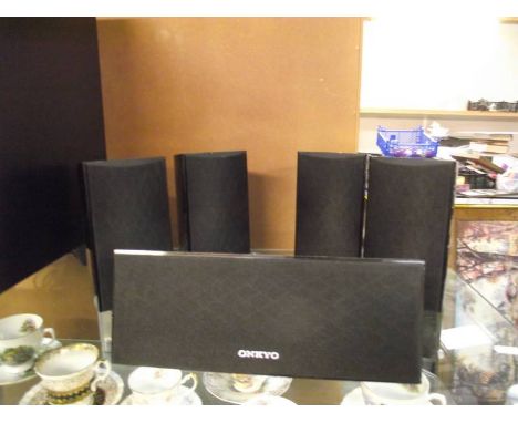 An Onkyo powered Sub Woofer SKW-501 with speakers and speaker stands, with remote and instructions (remote and instructions i