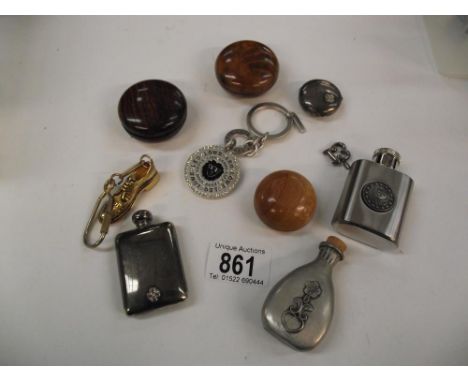 A quantity of treen and silver plated pill boxes, scent bottles and flask. 