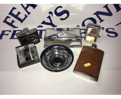 PURDEY HIP FLASK, 3 OTHERS, CIGERETTE BOX & ASHTRAY