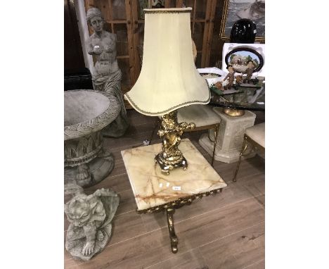 MARBLE STYLE TOP COFFEE TABLE WITH BRASS LION LAMP