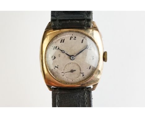 A gold cased Pilot 15 Jewel wristwatch on leather strap. 