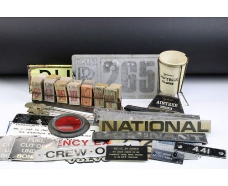 Collection of transport related signs / collectables to include a bus stop enamel sign (45.5cm wide), bus ticket dispenser st
