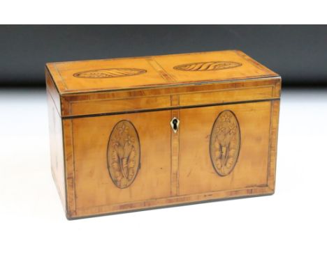 19th century satinwood twin-compartment tea caddy with inlaid shell &amp; floral panels, strung details and inlaid escutcheon