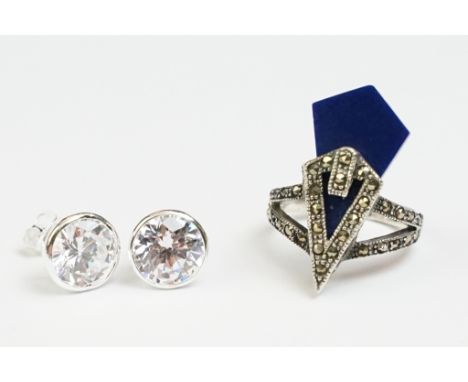 Sterling Marcasite and Lapis Lazuli Art Deco style Ring together with Pair of Silver CZ Stud Earrings 