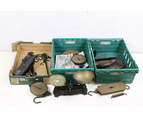 A collection of antique scales to include Salters spring balance and cast iron kitchen examples contained within three boxes.