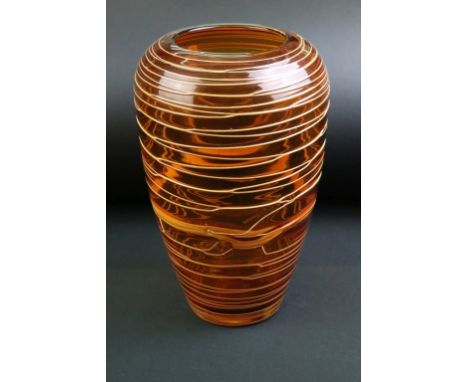 Amber studio art glass vase of tapering form, with spiralling 'thread' decoration, ground pontil to base (approx 33cm high) 