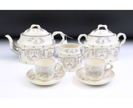 Edwardian Leeds pottery commemorative creamware tea service for the Royal Visit to Leeds on 7 July 1908, comprising teapot, s