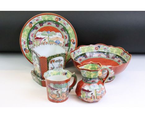 Group of 19th century Masons Ironstone ceramics, decorated with Chinese style figural panels on a repeating geometric red gro