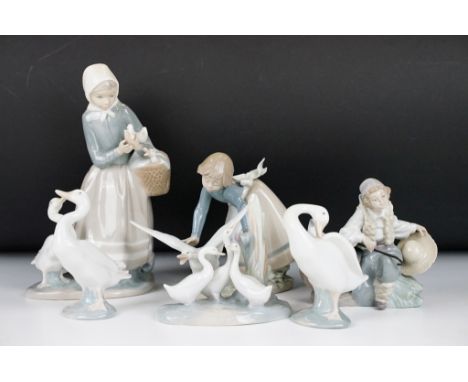 Five Lladro ceramic figurines to include three figurine groups with birds and a goose, together with a Nao goose figurine gro