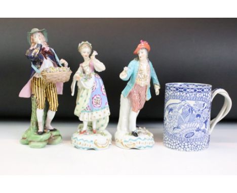 Three 19th century porcelain figures, to include a man &amp; lady of classical presentation with Chelsea style gold anchor ma