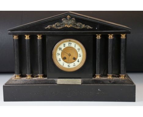 19th Century Victorian Skarratt &amp; Co slate mantle clock in the form of a classical temple with reeded doric columns and d