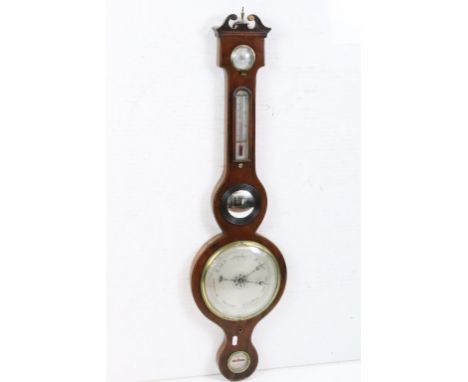 Early 19th century Mahogany Banjo Barometer with swan-neck pediment, damp / dry dial, thermometer, convex mirror and warrante
