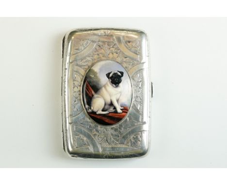 Silver Card Case with a later applied enamel image of a dog 