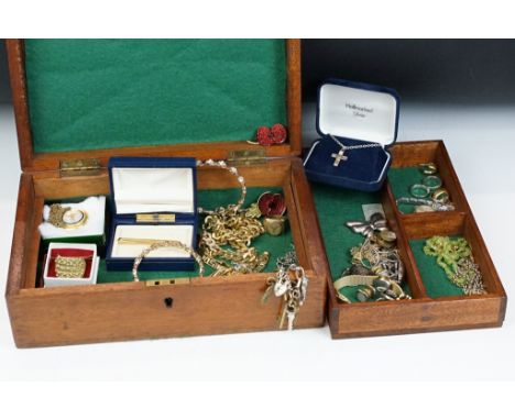 Jewellery Box and Contents including Gold Earrings, Rotary Silver Watch, Rings, Chains, etc 