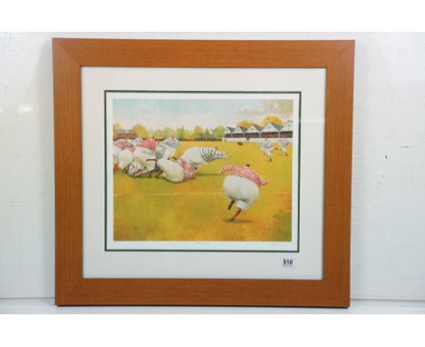 Rugby match scene, limited edition colour print, indistinctly signed in pencil lower right, numbered 16/150 lower left, inscr