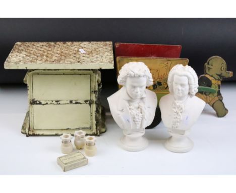 Jaraso personal weighing scales, together with two cast desk top busts including Beethoven and Bach and a Chad Valley toy car