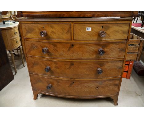 Early 19th century Mahogany Bow Front Chest of Two Short over Three Long Drawers raised on swept bracket feet, 105cm wide x 5