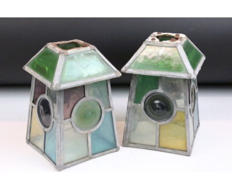 Pair of Art Nouveau Leaded Coloured Glass Lanterns, 22cm high 