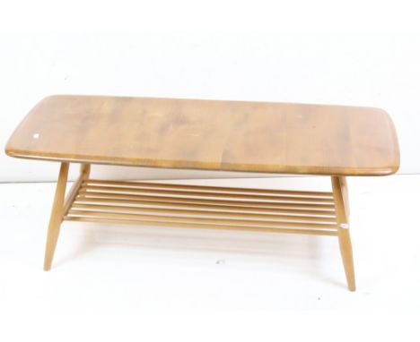 Ercol Pale Elm and Beech Coffee Table with slatted under-shelf, 104cm long x 37cm high 