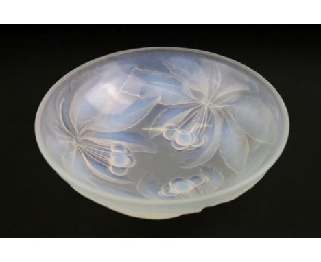 G. Vallon French Art Deco opalescent glass bowl with relief moulded cherry decoration, moulded signature, approx 23.5cm diame