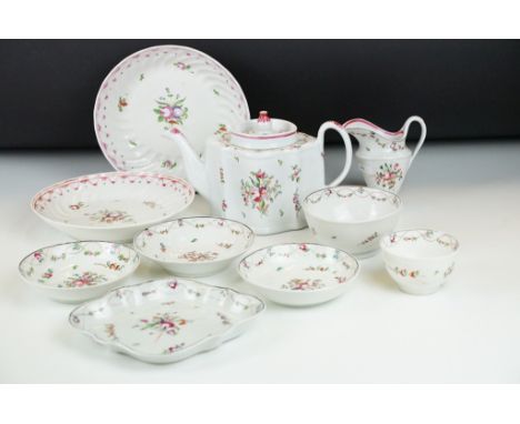 Early 19th Century New Hall famille rose tea set, having a white ground with pink floral sprays and entwined details to the r