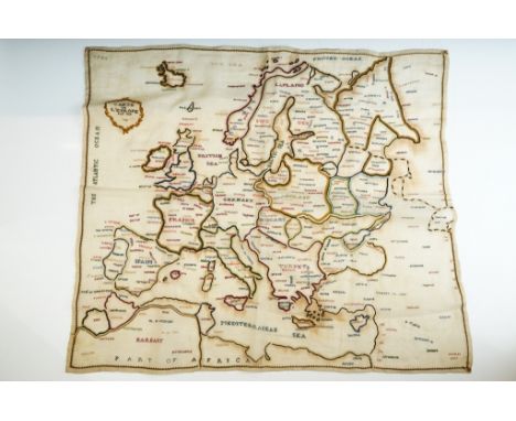 18th Century George III hand stitched sampler depicting a map of Europe including stitched place names. Dated 1783. Measures 