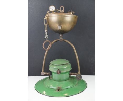 Industrial Blanchard Incandescent Oil Lamp pendant ceiling light, the light shade being green enamelled with an oil reservoir