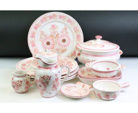 Collection of French HB Quimper pink floral ceramics to include 5 dinner plates, tureen &amp; cover, 2 jugs, 2 oval dishes, t