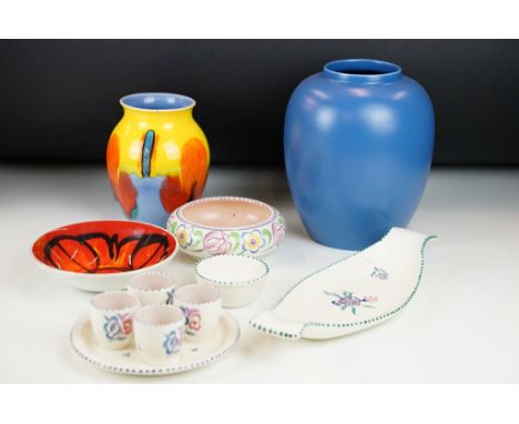 Group of Poole pottery ceramics to include a Delphis pattern bowl, a selection of traditional ware, blue vase and a drip glaz