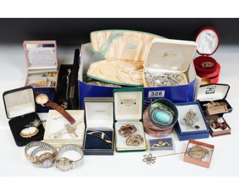 A collection of mainly vintage costume jewellery together with a selection of watches to include a gents 9ct gold cased examp