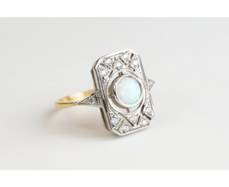 Gold and Silver Ring set with CZ’s and central Opal Panel in the Art Deco style 