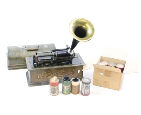 Late 19th / early 20th century 'Edison Home Phonograph', serial no. H92060, oak cased, with lid &amp; metal horn, plus nine w