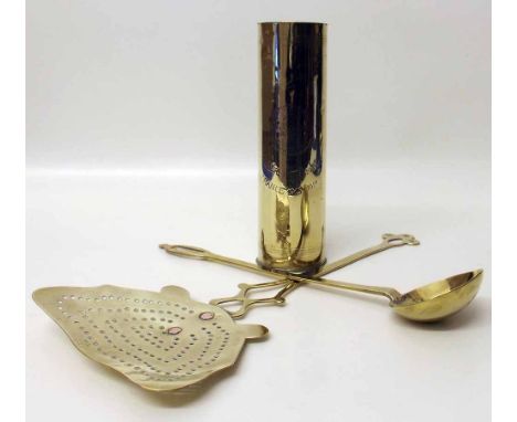 WWI brass shell inscribed York & Lancaster, 19th century brass skimmer and ladle. Condition report: see terms and conditions
