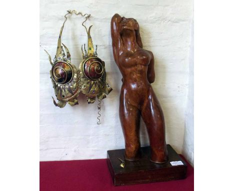 Linda Parry carved wood female figure on base, also a metal and enamel bodice.       This lot is sold subject to V.A.T. There