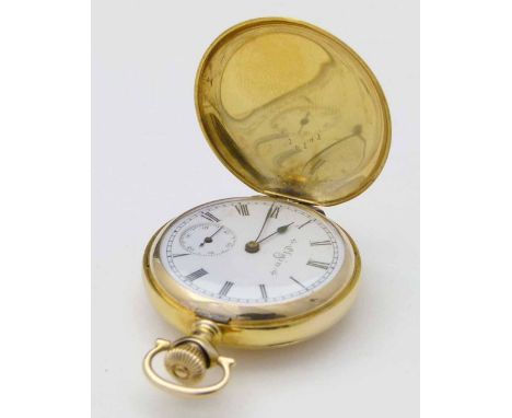 Elgin 14K gold cased hunter fob watch, circa 1909, white enamel dial, subsidiary seconds, case 32mm, Elgin 15-jewel ¾ plate m