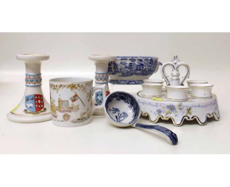 Pair of Goss Stow-on-the-Wold candlesticks, also a Queen Victoria commemorative mug, blue and white tureen base and ladle and